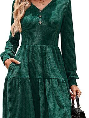 Kate Kasin Women's Long Sleeve Sweater Dresses 2025, Button V Neck Knit Dress, F